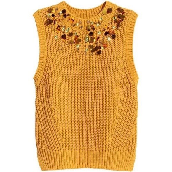 H&M Mustard Sequined Neckline Sleeveless Knitted Vest - Picture 2 of 5